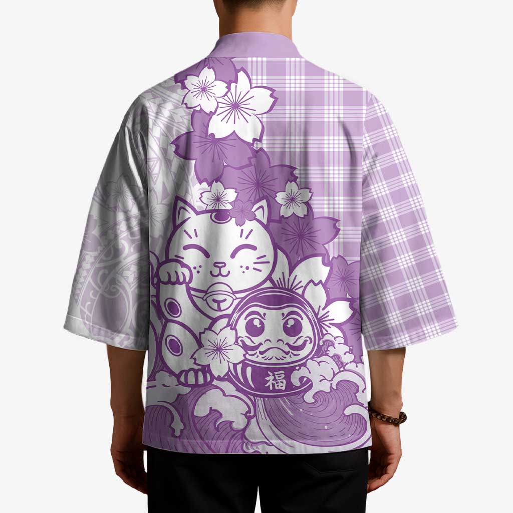 Purple Palaka Hawaiian And Japanese Kimono Maneki Neko And Sakura Bloom