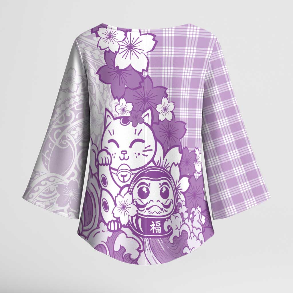 Purple Palaka Hawaiian And Japanese Kimono Sleeve Blouse Maneki Neko And Sakura Bloom