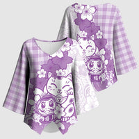 Purple Palaka Hawaiian And Japanese Kimono Sleeve Blouse Maneki Neko And Sakura Bloom