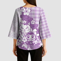Purple Palaka Hawaiian And Japanese Kimono Sleeve Blouse Maneki Neko And Sakura Bloom