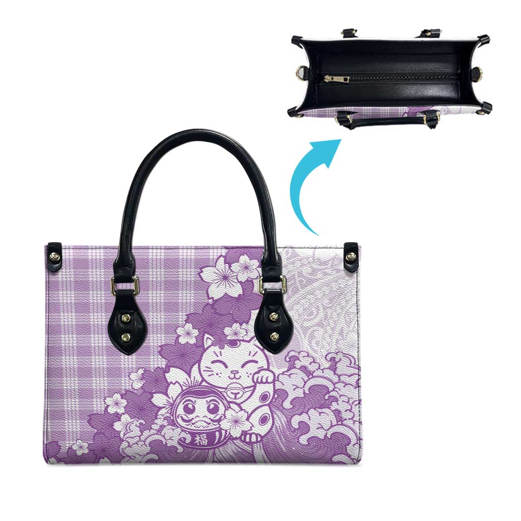 Purple Palaka Hawaiian And Japanese Leather Bag Maneki Neko And Sakura Bloom