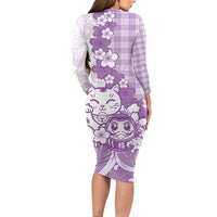 Purple Palaka Hawaiian And Japanese Long Sleeve Bodycon Dress Maneki Neko And Sakura Bloom DT05 - Polynesian Pride