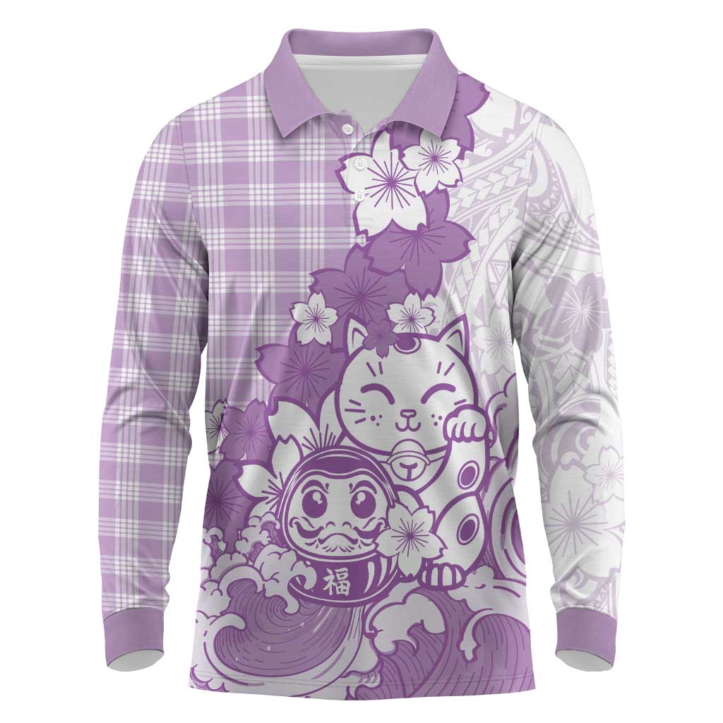 Purple Palaka Hawaiian And Japanese Long Sleeve Polo Shirt Maneki Neko And Sakura Bloom