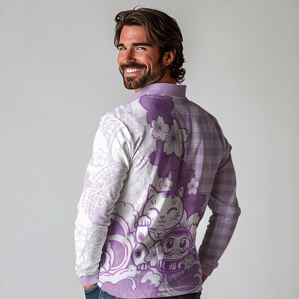 Purple Palaka Hawaiian And Japanese Long Sleeve Polo Shirt Maneki Neko And Sakura Bloom