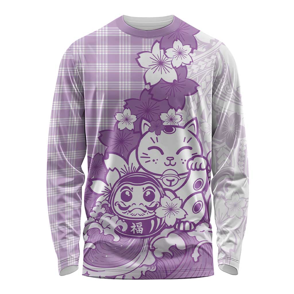 Purple Palaka Hawaiian And Japanese Long Sleeve Shirt Maneki Neko And Sakura Bloom
