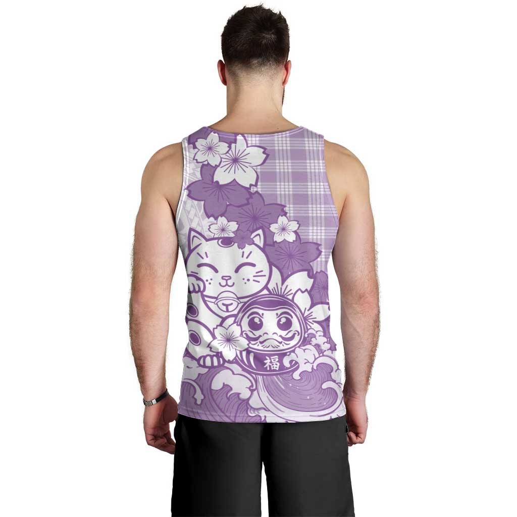 Purple Palaka Hawaiian And Japanese Men Tank Top Maneki Neko And Sakura Bloom