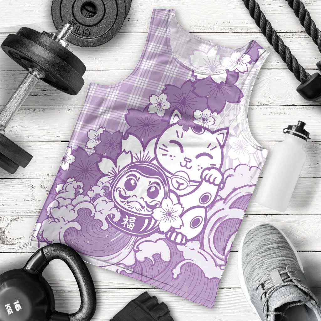 Purple Palaka Hawaiian And Japanese Men Tank Top Maneki Neko And Sakura Bloom