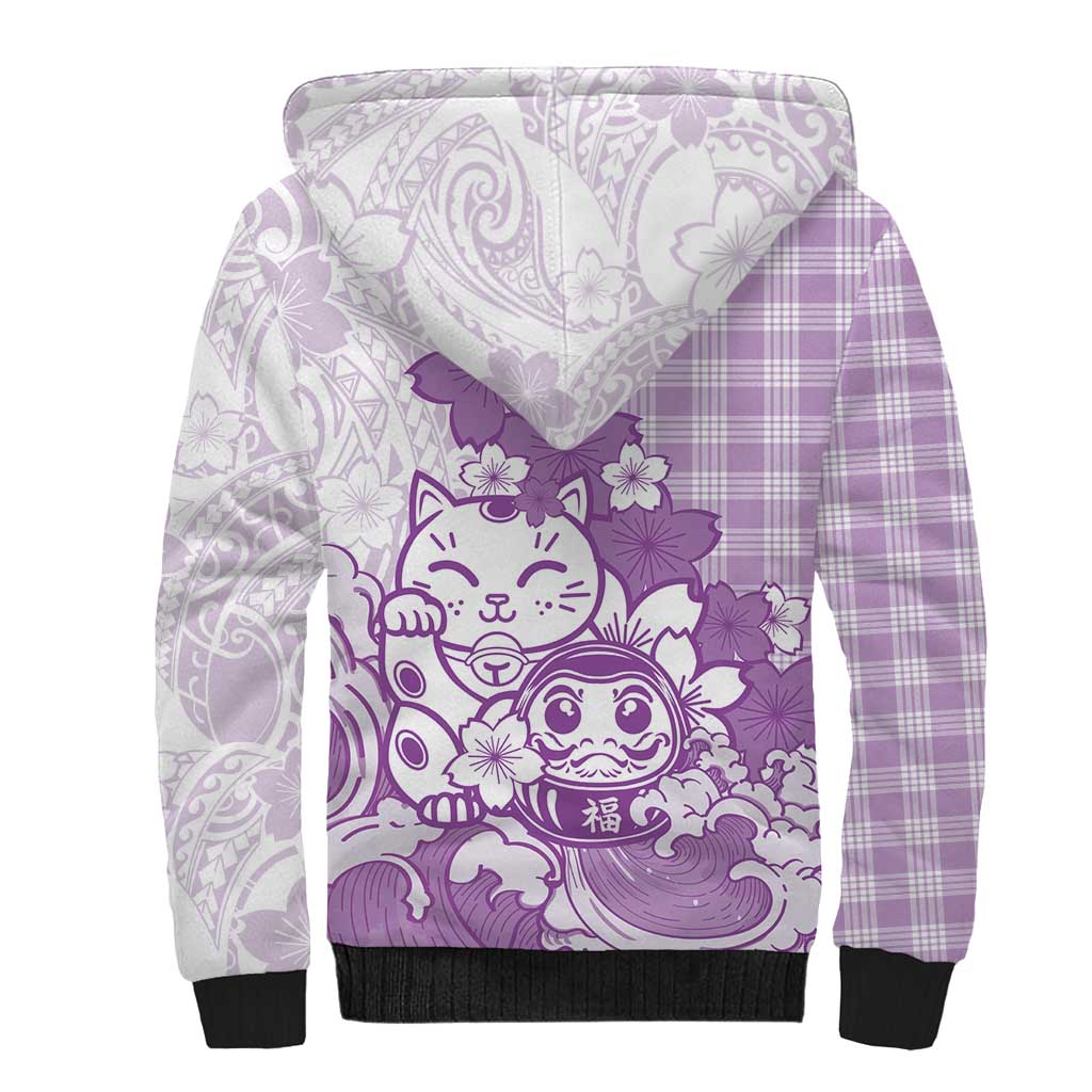 Purple Palaka Hawaiian And Japanese Sherpa Hoodie Maneki Neko And Sakura Bloom