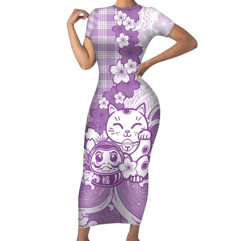 Purple Palaka Hawaiian And Japanese Short Sleeve Bodycon Dress Maneki Neko And Sakura Bloom DT05 Long Dress Purple - Polynesian Pride
