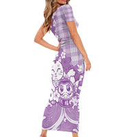Purple Palaka Hawaiian And Japanese Short Sleeve Bodycon Dress Maneki Neko And Sakura Bloom DT05 - Polynesian Pride