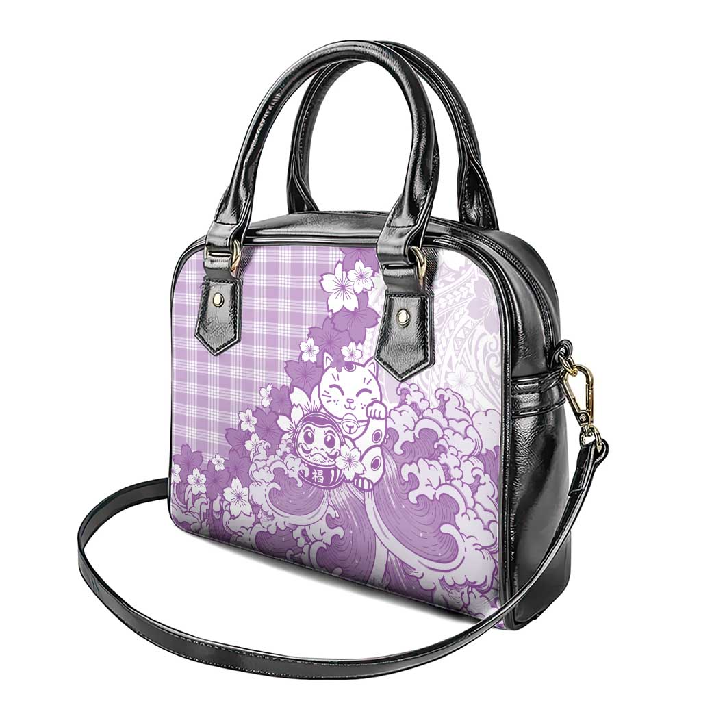 Purple Palaka Hawaiian And Japanese Shoulder Handbag Maneki Neko And Sakura Bloom