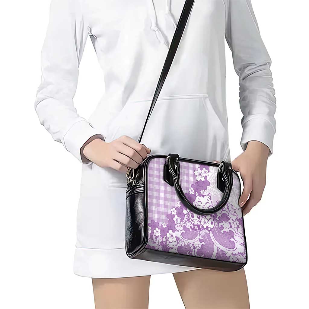 Purple Palaka Hawaiian And Japanese Shoulder Handbag Maneki Neko And Sakura Bloom