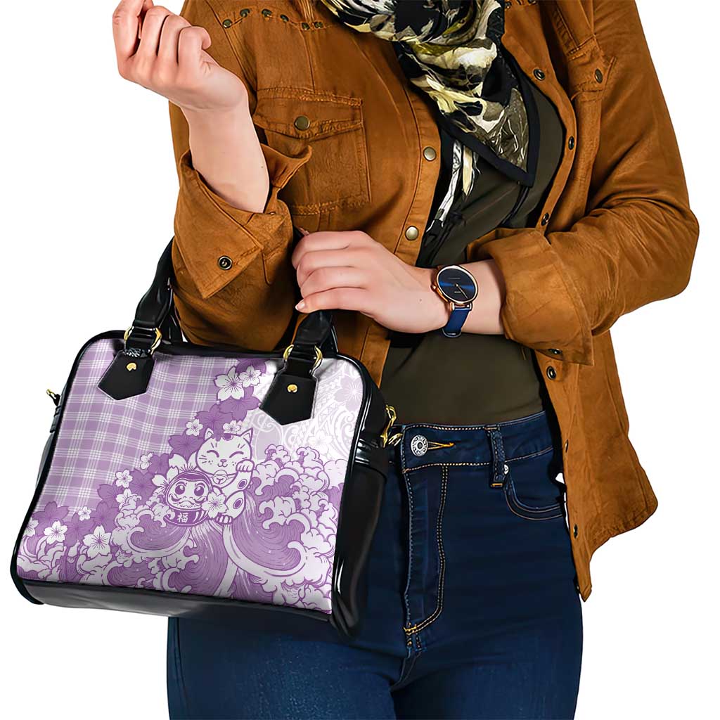 Purple Palaka Hawaiian And Japanese Shoulder Handbag Maneki Neko And Sakura Bloom