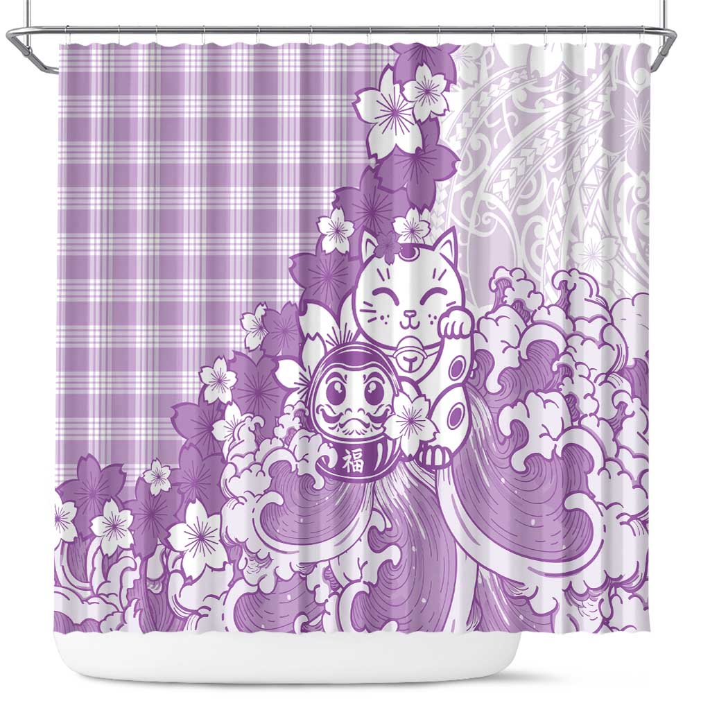 Purple Palaka Hawaiian And Japanese Shower Curtain Maneki Neko And Sakura Bloom