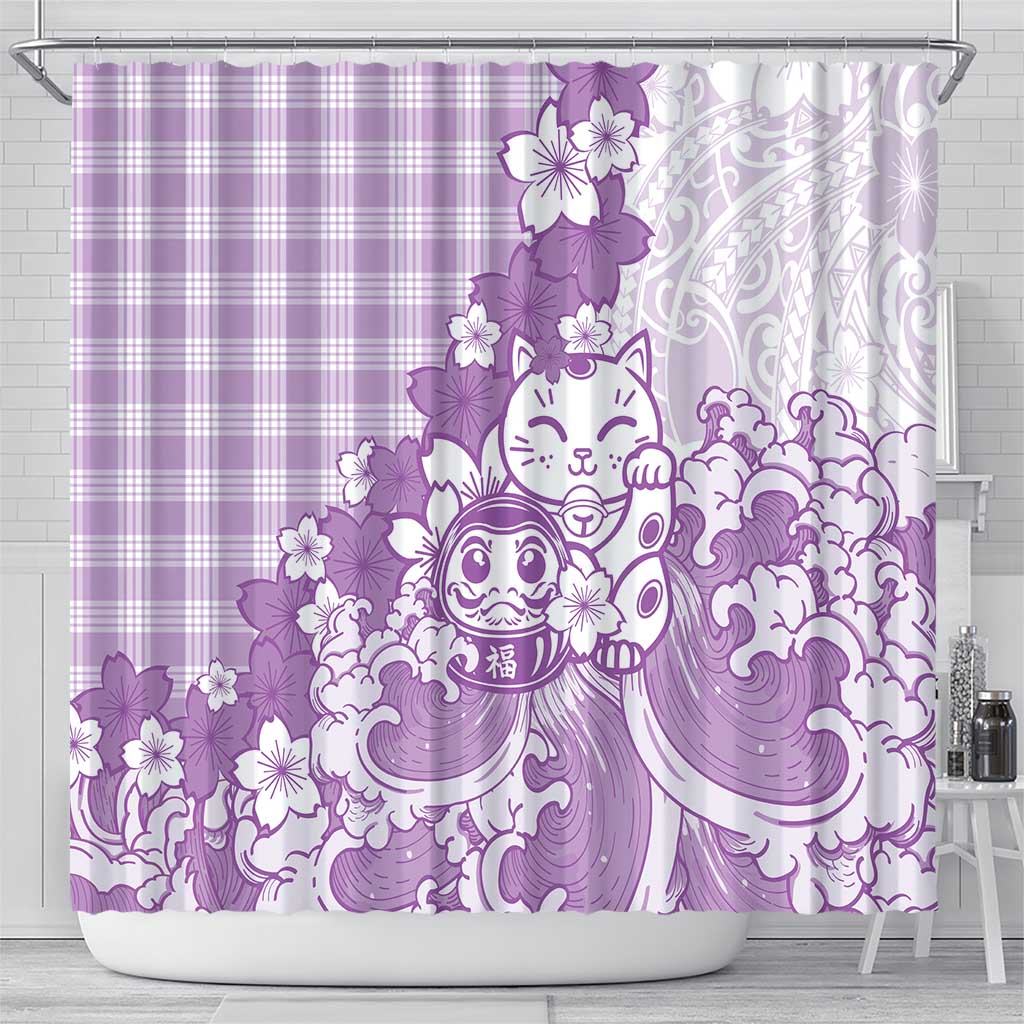 Purple Palaka Hawaiian And Japanese Shower Curtain Maneki Neko And Sakura Bloom