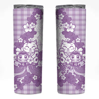 Purple Palaka Hawaiian And Japanese Skinny Tumbler Maneki Neko And Sakura Bloom DT05 Purple - Polynesian Pride