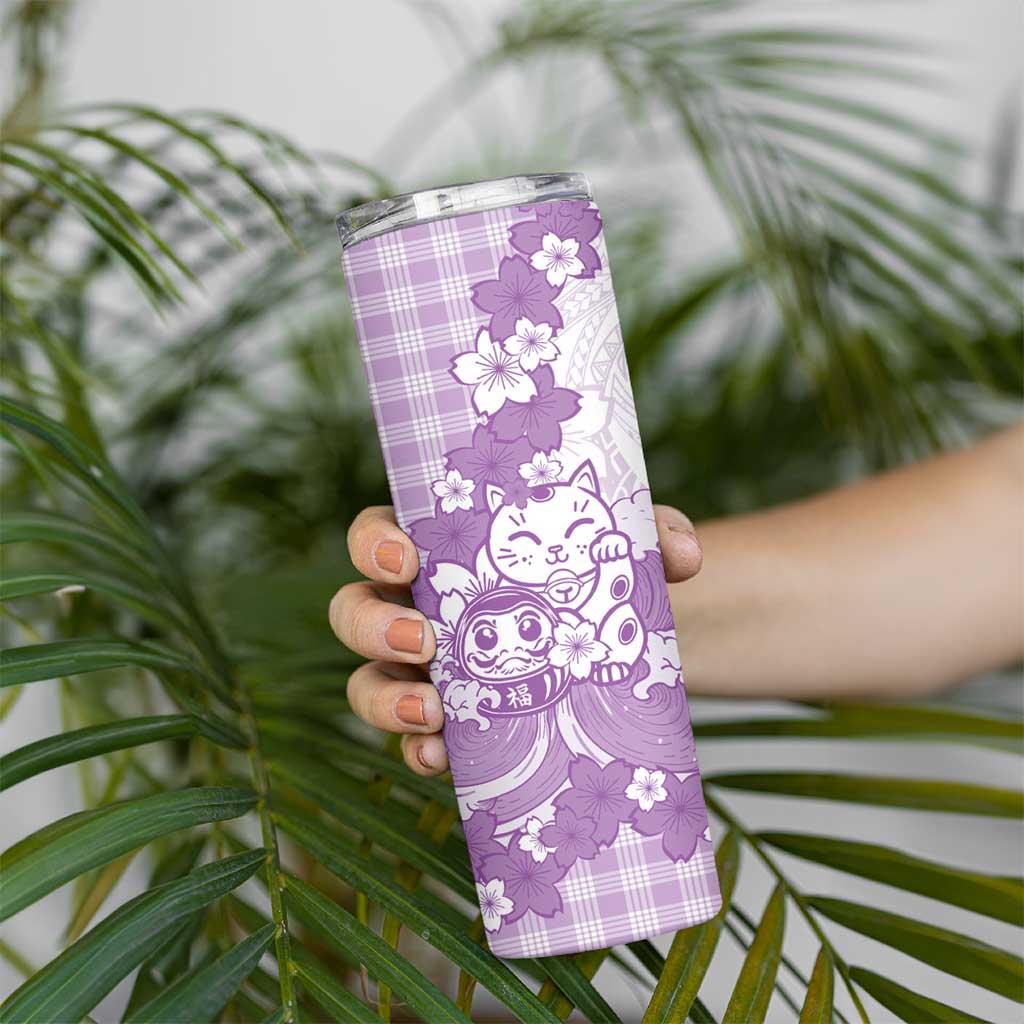 Purple Palaka Hawaiian And Japanese Skinny Tumbler Maneki Neko And Sakura Bloom DT05 - Polynesian Pride