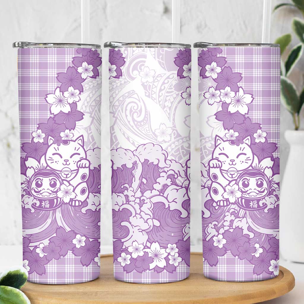 Purple Palaka Hawaiian And Japanese Skinny Tumbler Maneki Neko And Sakura Bloom DT05 - Polynesian Pride