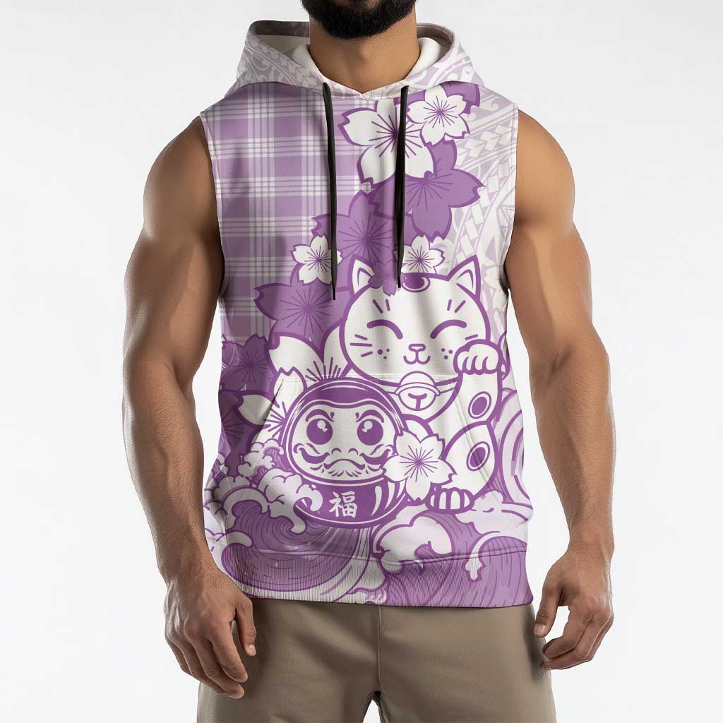 Purple Palaka Hawaiian And Japanese Sleeveless Hoodie Maneki Neko And Sakura Bloom