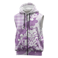 Purple Palaka Hawaiian And Japanese Sleeveless Zip Hoodie Maneki Neko And Sakura Bloom DT05 Purple - Polynesian Pride
