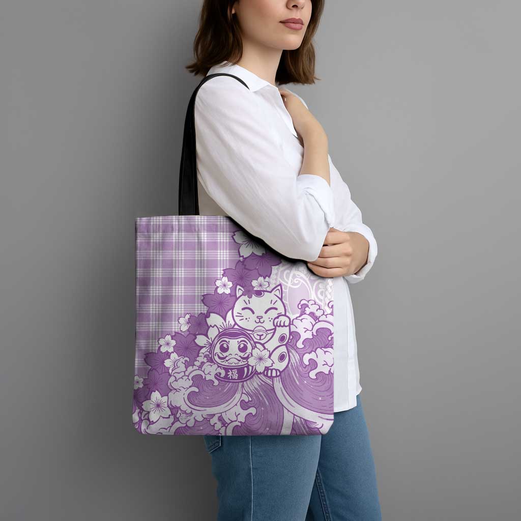 Purple Palaka Hawaiian And Japanese Tote Bag Maneki Neko And Sakura Bloom