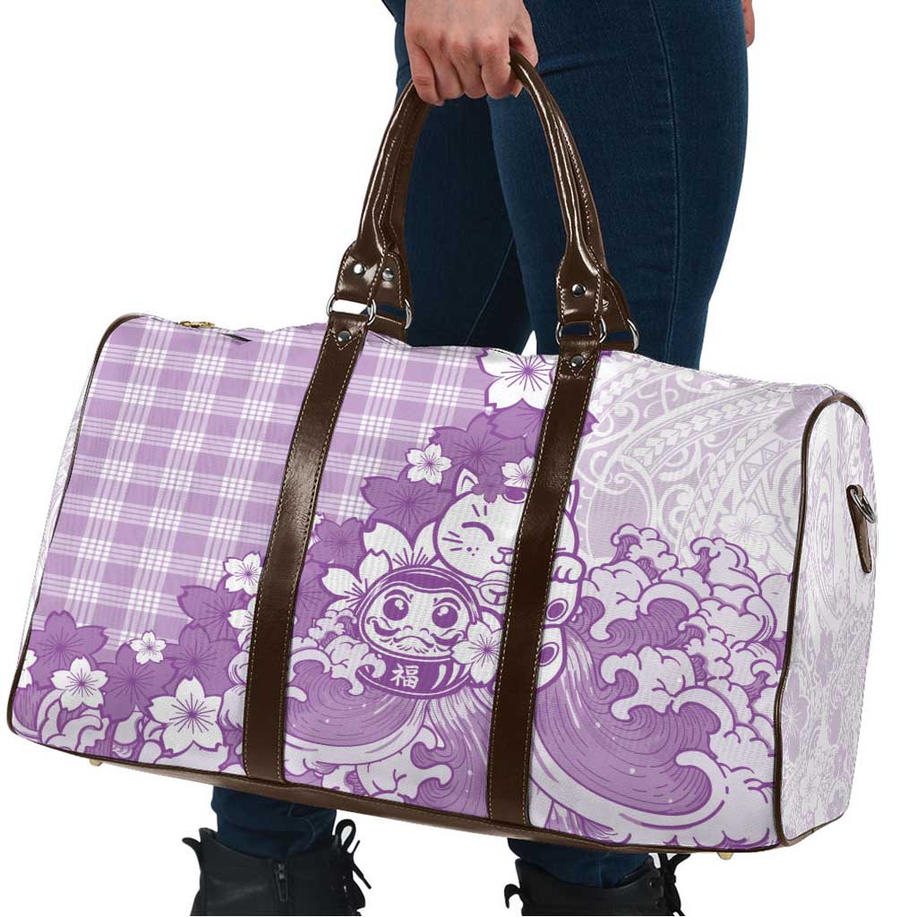 Purple Palaka Hawaiian And Japanese Travel Bag Maneki Neko And Sakura Bloom
