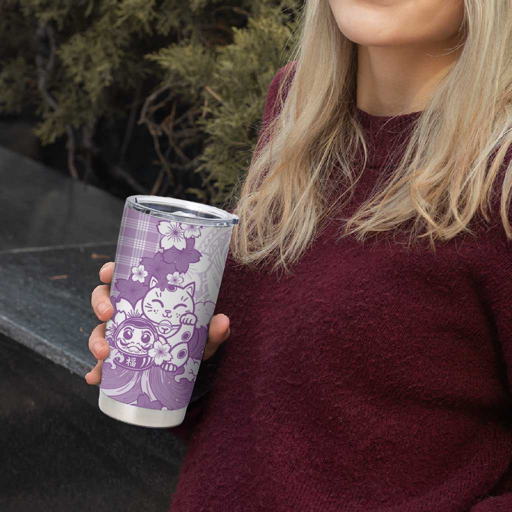 Purple Palaka Hawaiian And Japanese Tumbler Cup Maneki Neko And Sakura Bloom