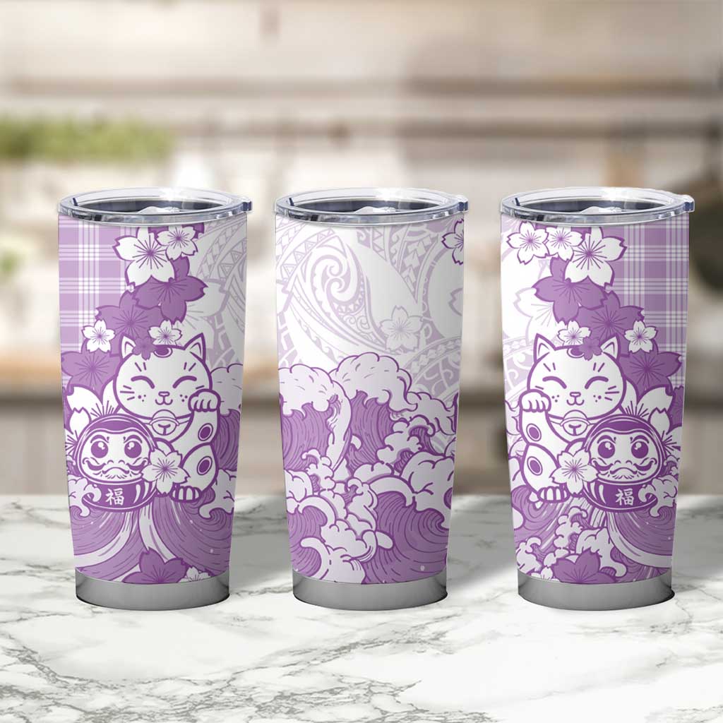Purple Palaka Hawaiian And Japanese Tumbler Cup Maneki Neko And Sakura Bloom