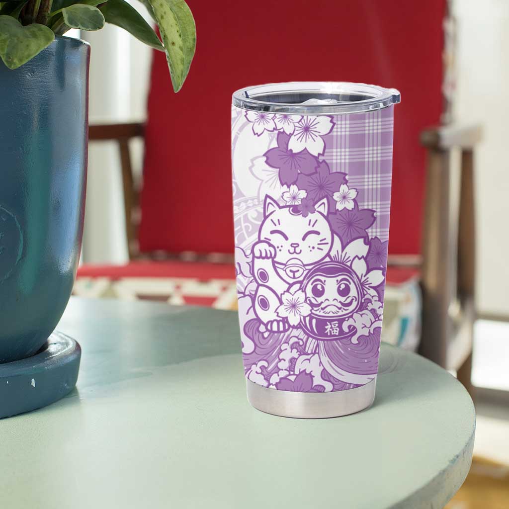 Purple Palaka Hawaiian And Japanese Tumbler Cup Maneki Neko And Sakura Bloom