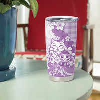 Purple Palaka Hawaiian And Japanese Tumbler Cup Maneki Neko And Sakura Bloom