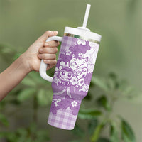 Purple Palaka Hawaiian And Japanese Tumbler With Handle Maneki Neko And Sakura Bloom