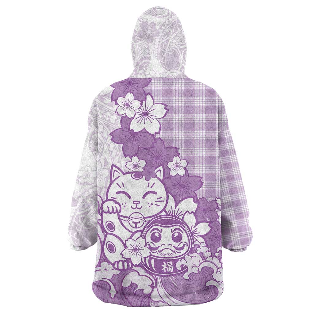 Purple Palaka Hawaiian And Japanese Wearable Blanket Hoodie Maneki Neko And Sakura Bloom DT05 - Polynesian Pride