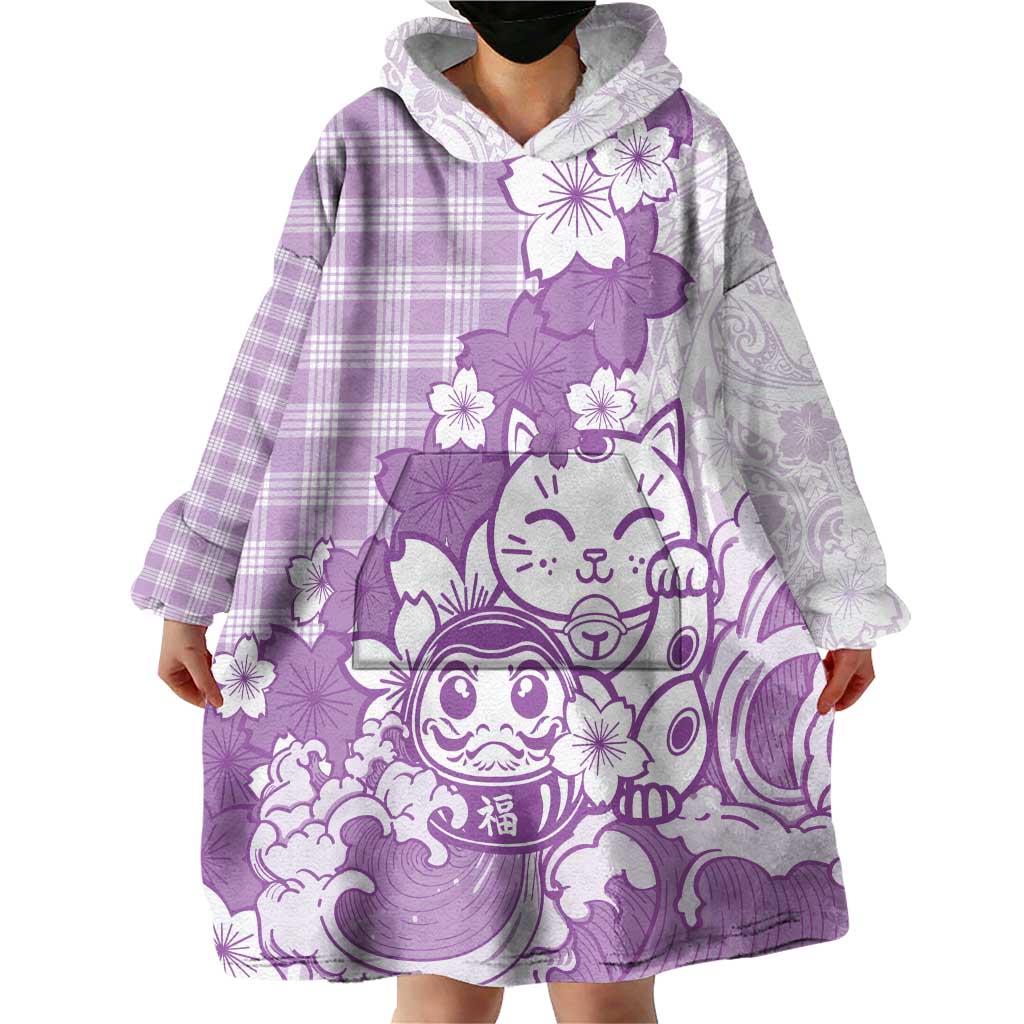 Purple Palaka Hawaiian And Japanese Wearable Blanket Hoodie Maneki Neko And Sakura Bloom DT05 - Polynesian Pride