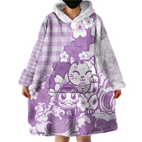 Purple Palaka Hawaiian And Japanese Wearable Blanket Hoodie Maneki Neko And Sakura Bloom DT05 - Polynesian Pride