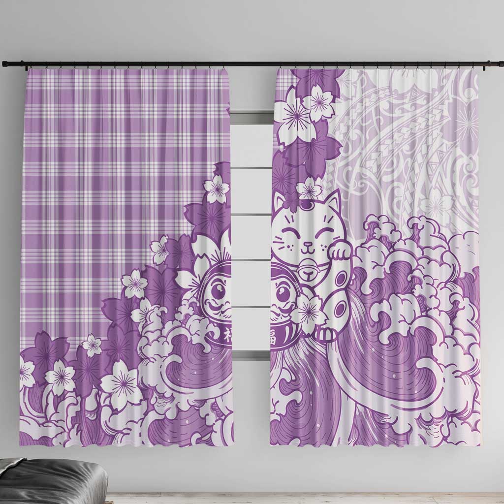 Purple Palaka Hawaiian And Japanese Window Curtain Maneki Neko And Sakura Bloom