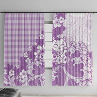 Purple Palaka Hawaiian And Japanese Window Curtain Maneki Neko And Sakura Bloom