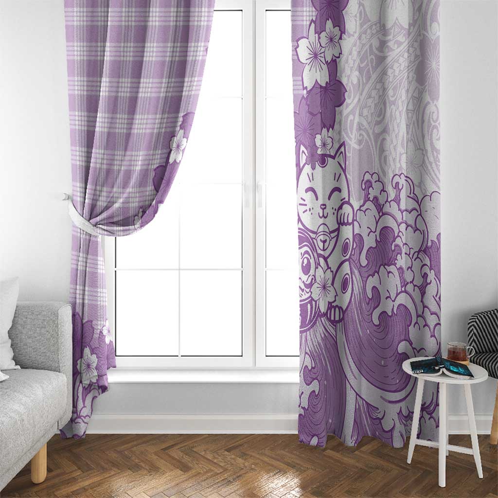 Purple Palaka Hawaiian And Japanese Window Curtain Maneki Neko And Sakura Bloom
