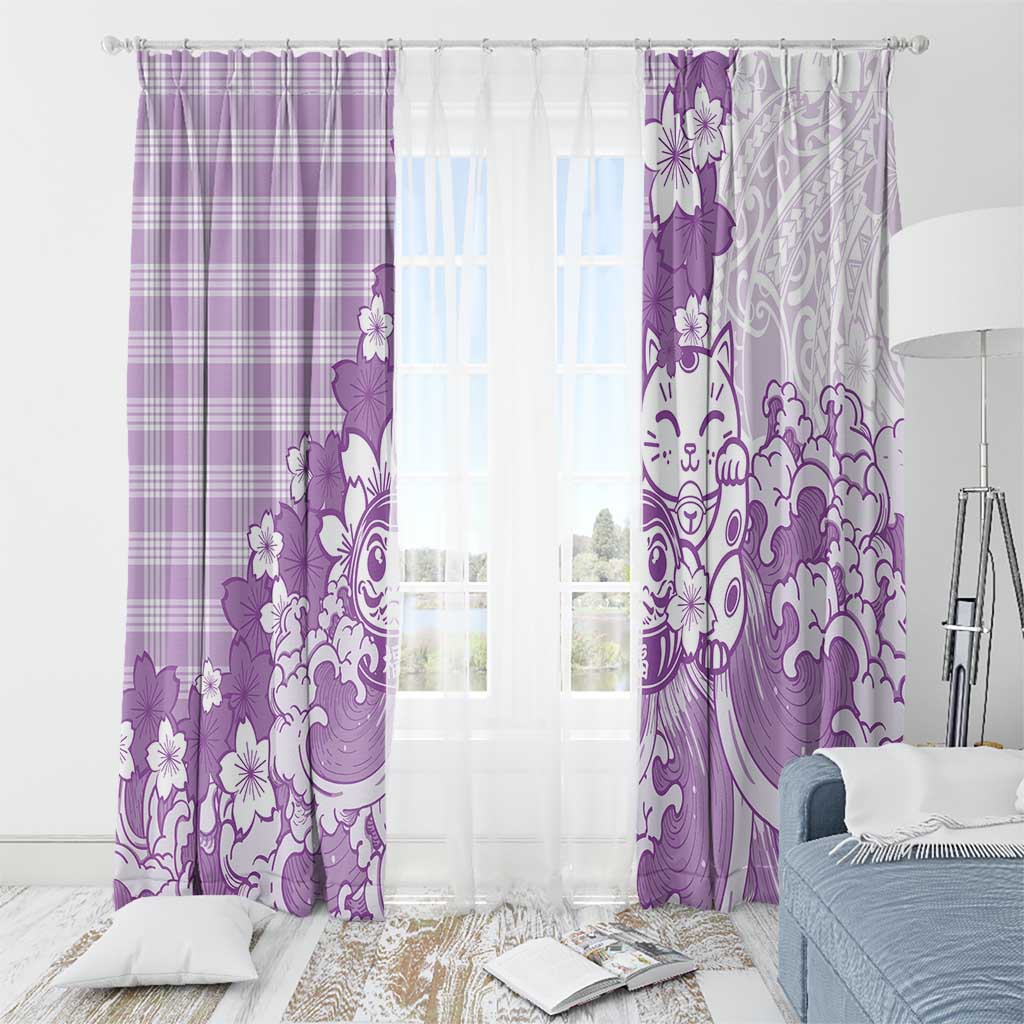Purple Palaka Hawaiian And Japanese Window Curtain Maneki Neko And Sakura Bloom