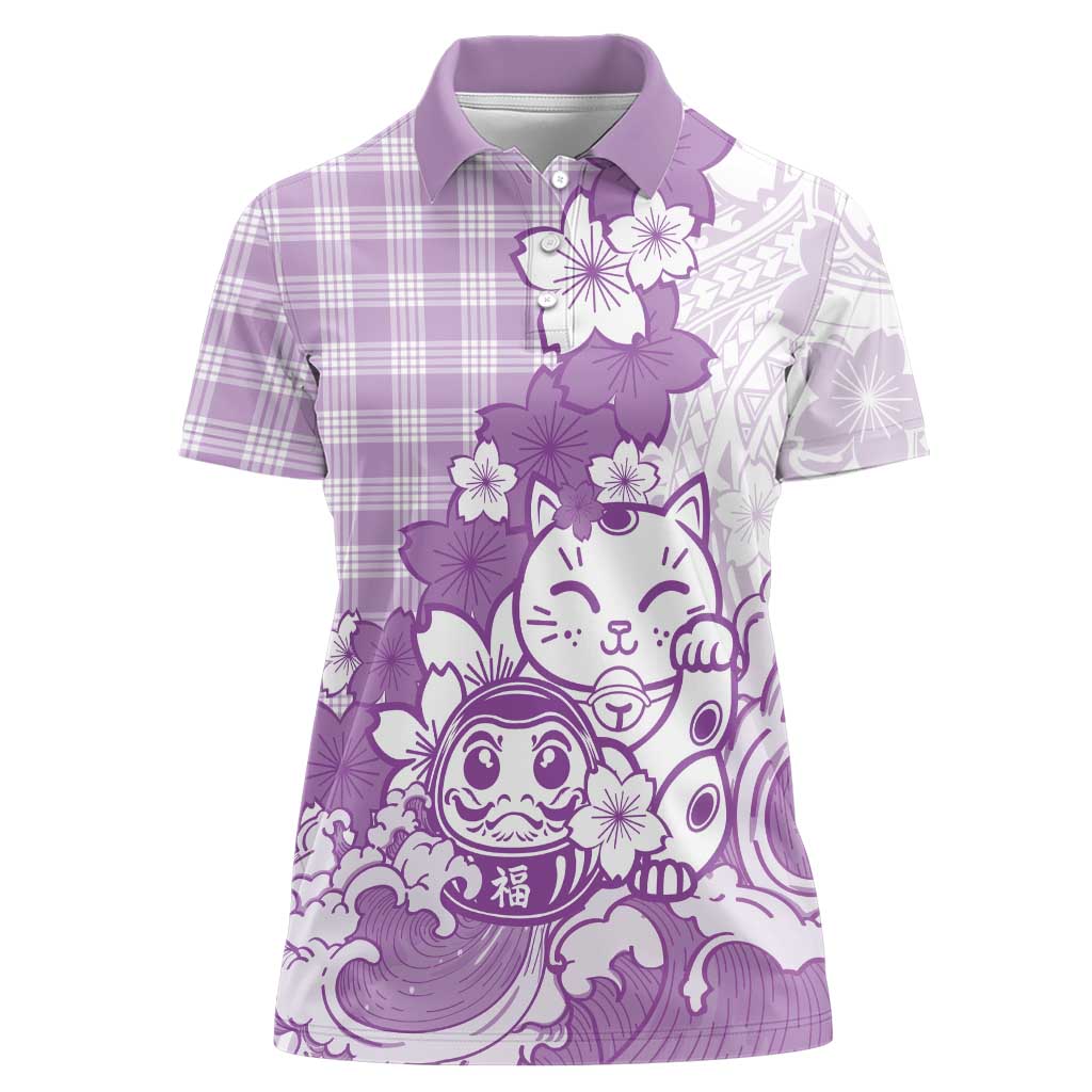 Purple Palaka Hawaiian And Japanese Women Polo Shirt Maneki Neko And Sakura Bloom DT05 Female Purple - Polynesian Pride