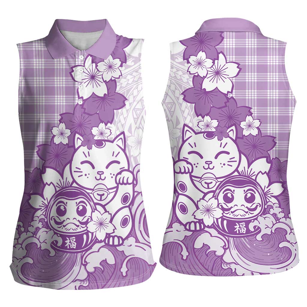 Purple Palaka Hawaiian And Japanese Women Sleeveless Polo Shirt Maneki Neko And Sakura Bloom DT05 - Polynesian Pride