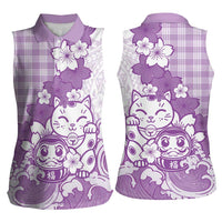Purple Palaka Hawaiian And Japanese Women Sleeveless Polo Shirt Maneki Neko And Sakura Bloom DT05 - Polynesian Pride