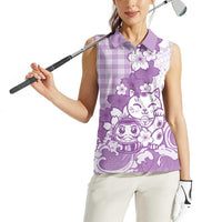 Purple Palaka Hawaiian And Japanese Women Sleeveless Polo Shirt Maneki Neko And Sakura Bloom DT05 - Polynesian Pride