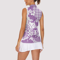 Purple Palaka Hawaiian And Japanese Women Sleeveless Polo Shirt Maneki Neko And Sakura Bloom DT05 - Polynesian Pride