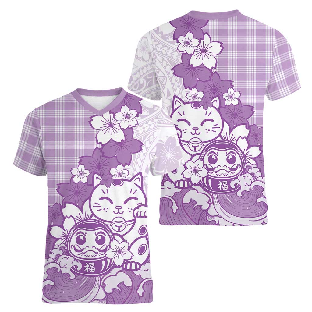 Purple Palaka Hawaiian And Japanese Women V-Neck T-Shirt Maneki Neko And Sakura Bloom DT05 - Polynesian Pride