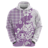 Purple Palaka Hawaiian And Japanese Zip Hoodie Maneki Neko And Sakura Bloom