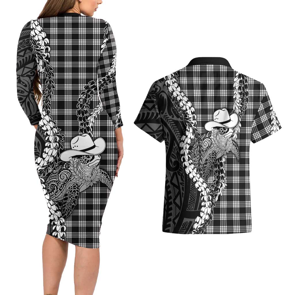 Black Hawaii Palaka Cowboy Turtle Couples Matching Long Sleeve Bodycon Dress and Hawaiian Shirt Hawaiian Paniolo Puakenikeni Maile Lei DT05 - Polynesian Pride