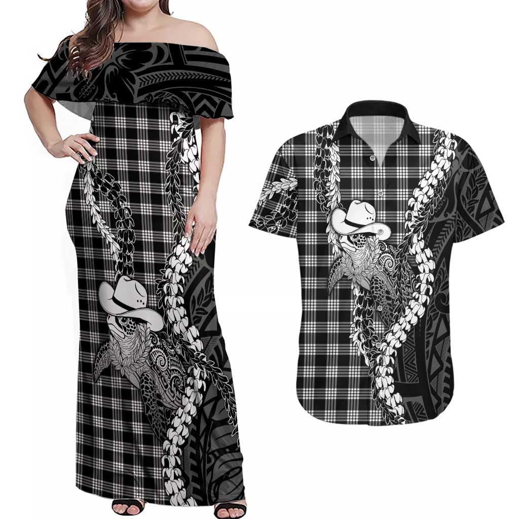 Black Hawaii Palaka Cowboy Turtle Couples Matching Off Shoulder Maxi Dress and Hawaiian Shirt Hawaiian Paniolo Puakenikeni Maile Lei DT05 Black - Polynesian Pride