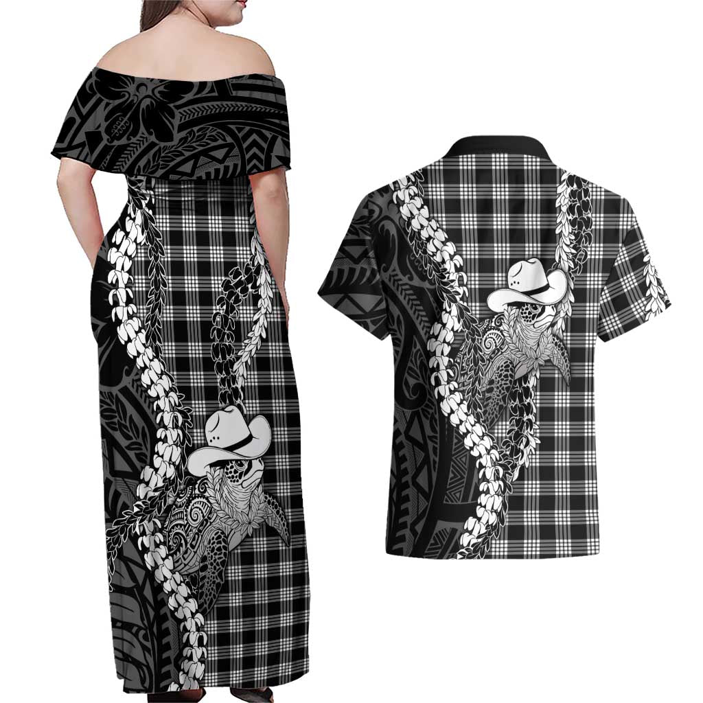 Black Hawaii Palaka Cowboy Turtle Couples Matching Off Shoulder Maxi Dress and Hawaiian Shirt Hawaiian Paniolo Puakenikeni Maile Lei DT05 - Polynesian Pride