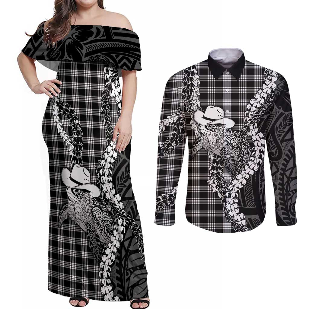 Black Hawaii Palaka Cowboy Turtle Couples Matching Off Shoulder Maxi Dress and Long Sleeve Button Shirt Hawaiian Paniolo Puakenikeni Maile Lei DT05 Black - Polynesian Pride