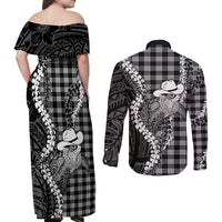 Black Hawaii Palaka Cowboy Turtle Couples Matching Off Shoulder Maxi Dress and Long Sleeve Button Shirt Hawaiian Paniolo Puakenikeni Maile Lei DT05 - Polynesian Pride